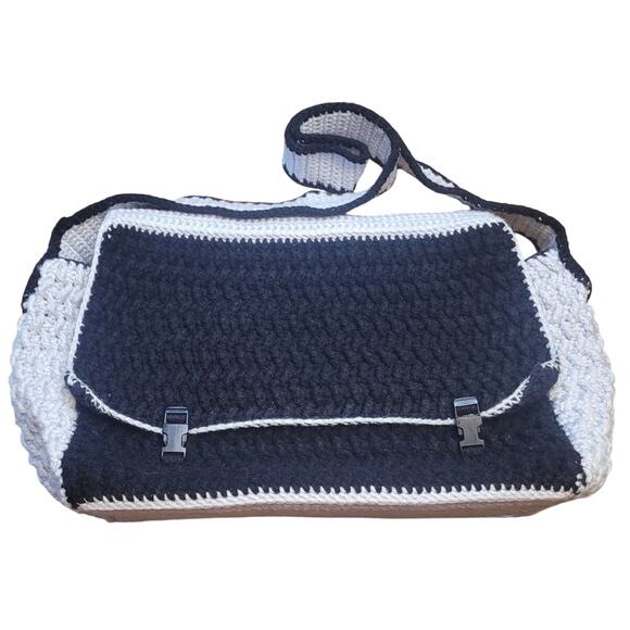 Handmade Crochet Granny Square Tote Bag Boho Retro XL Black Gray Shoulder Purse - Picture 1 of 8